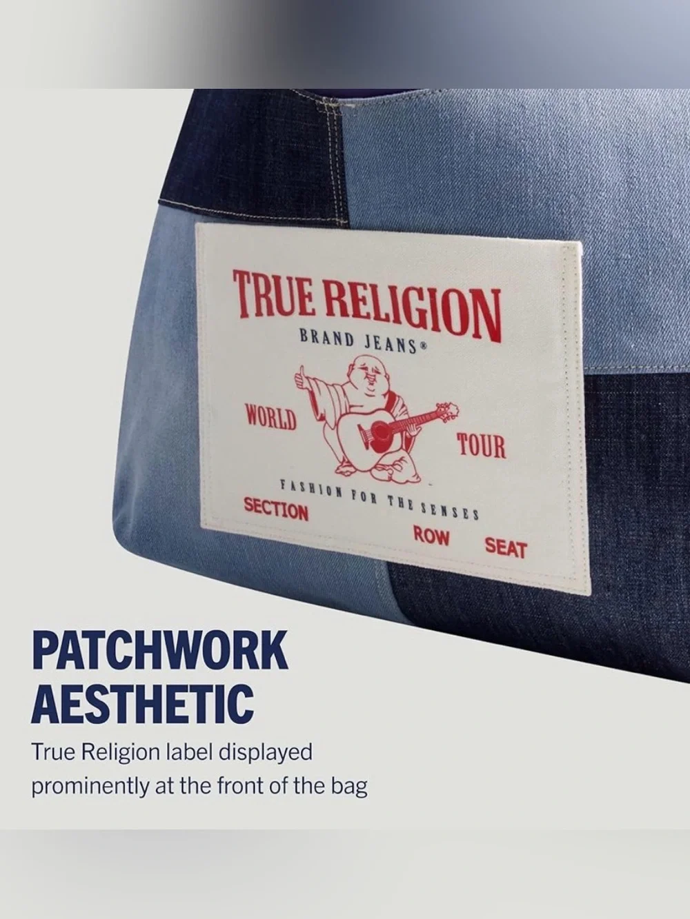True Religion Blue White Patchwork Fade Denim Ticket Patch Hobo Shoulder Bag NEW